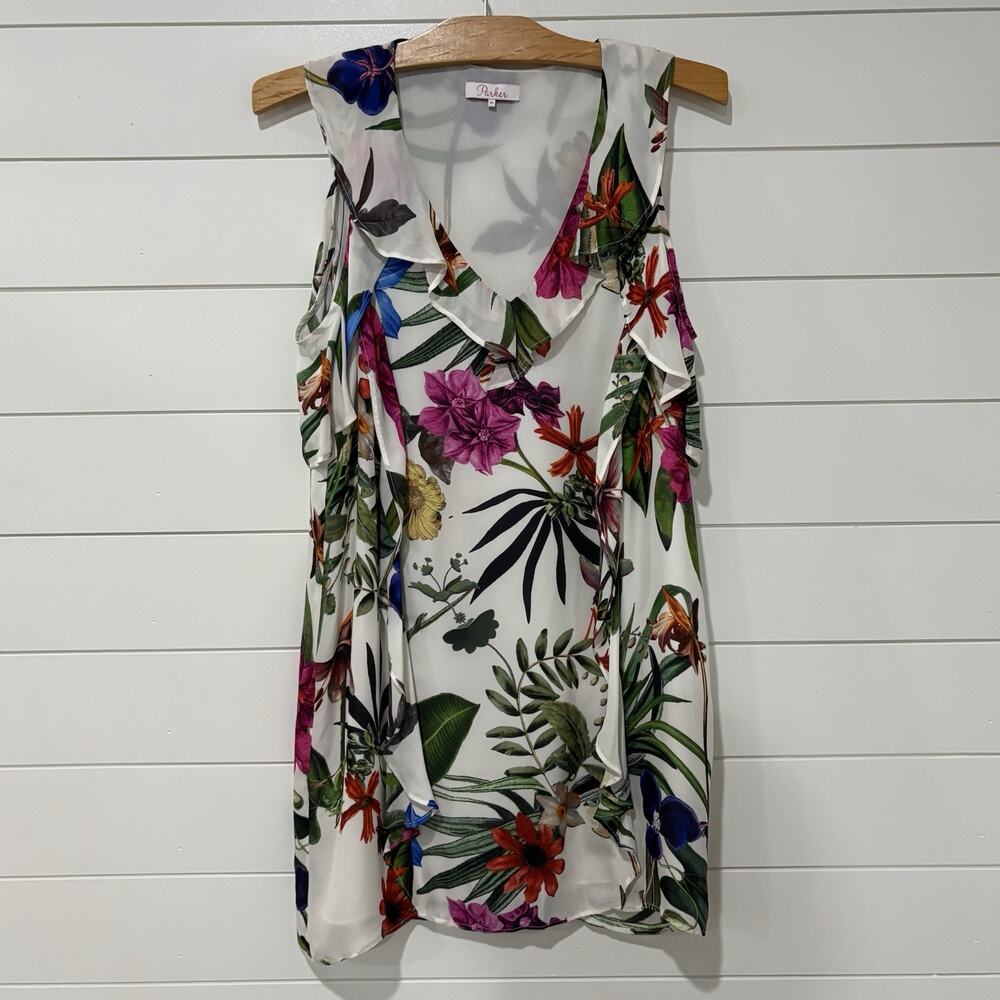 Parker | Mini Dress Floral Sleeveless V Neck Ruffles Silk Blend- Size XS